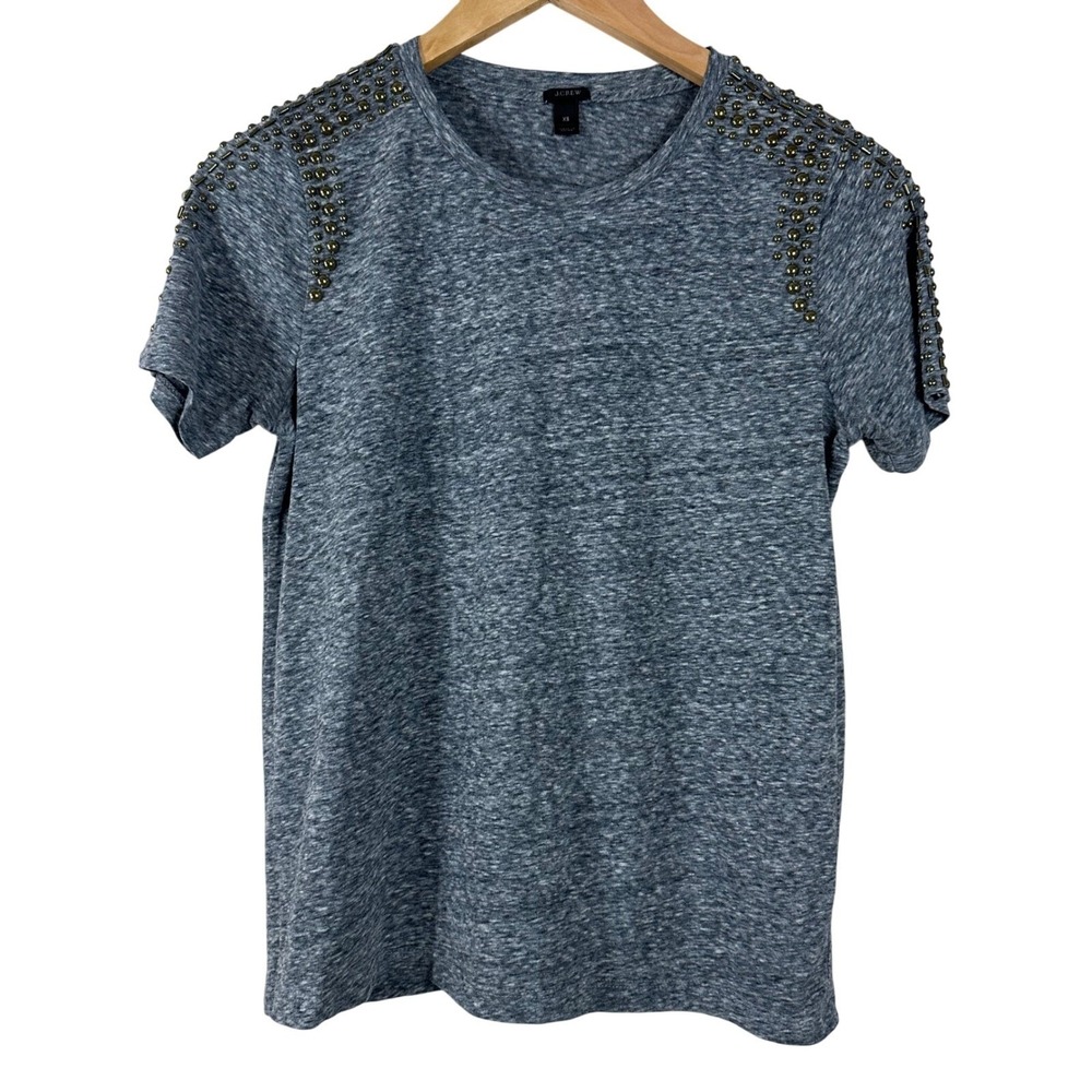 J.Crew Womens Grey Heather Studded Shoulder Embellished T-Shirt XS